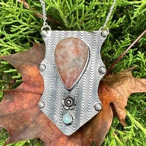 Bohemian Handmade 925 Silver Plated Sunstone & Larimar 17” Necklace Brand New